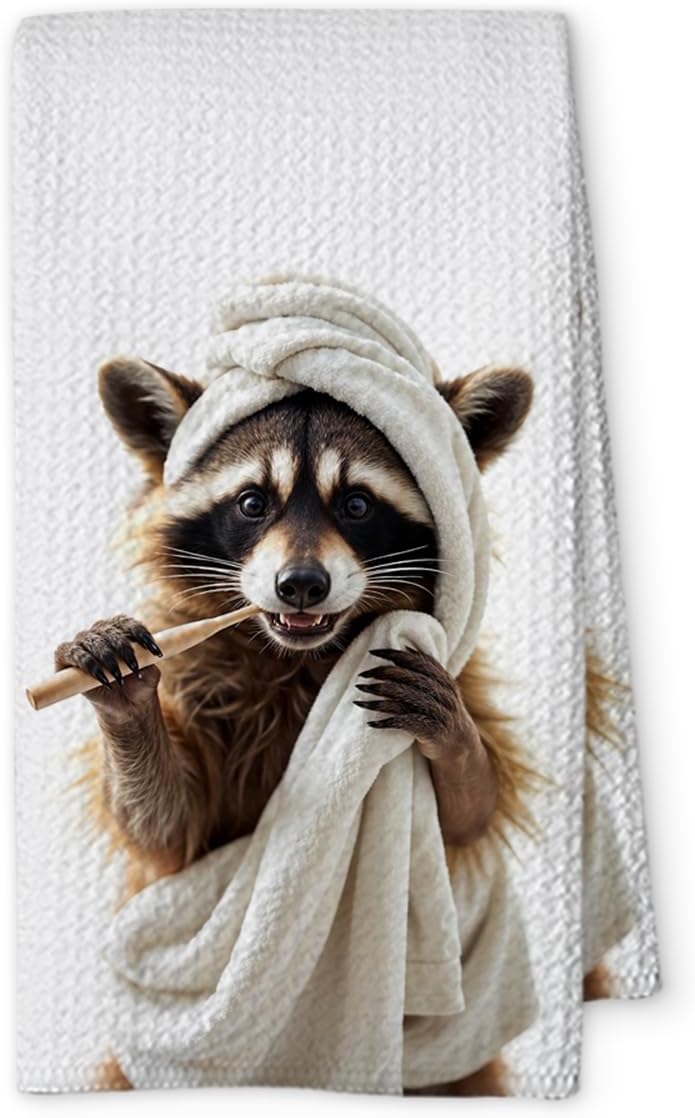 Threegoat Funny Cute Raccoon Hand Towels for Bathroom,1 PCS Raccoon Decor Cute Kitchen Towels,Animal Decorative Towels for Kids' Bathroom,Raccoon Gifts for Women, Pet Owners Housewarming - B10 - Image 1